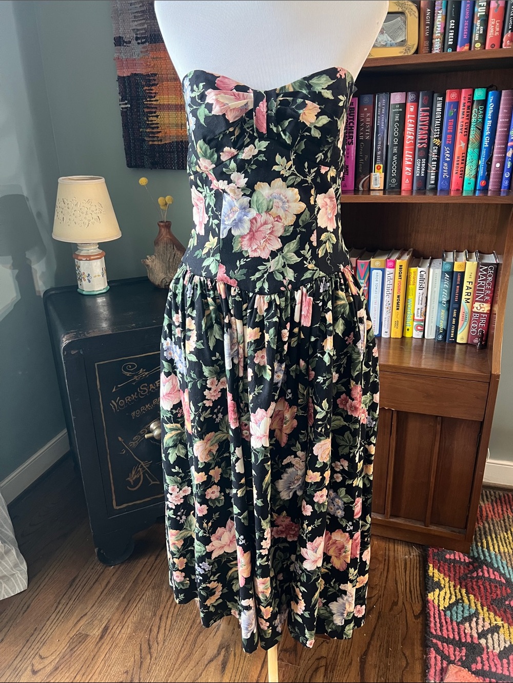 Vintage Basque Waist Strapless Floral Midi Dress